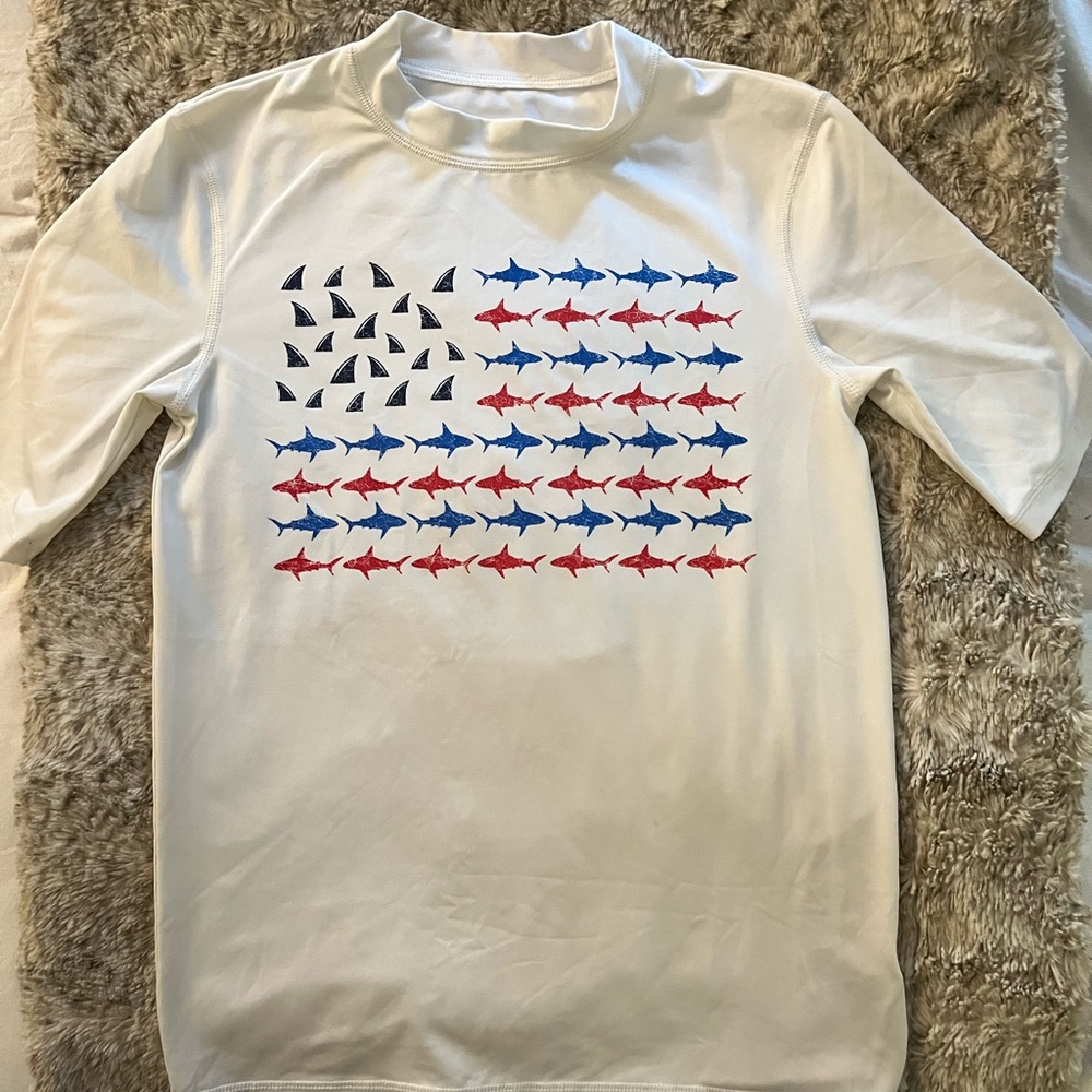 Swim shirt/ rash guard fromTarget. Red, white & blue w/ fins & sharks.